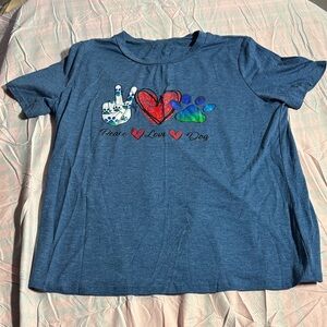 Women's Blue Graphic Tee with Peace Love Dog Design
